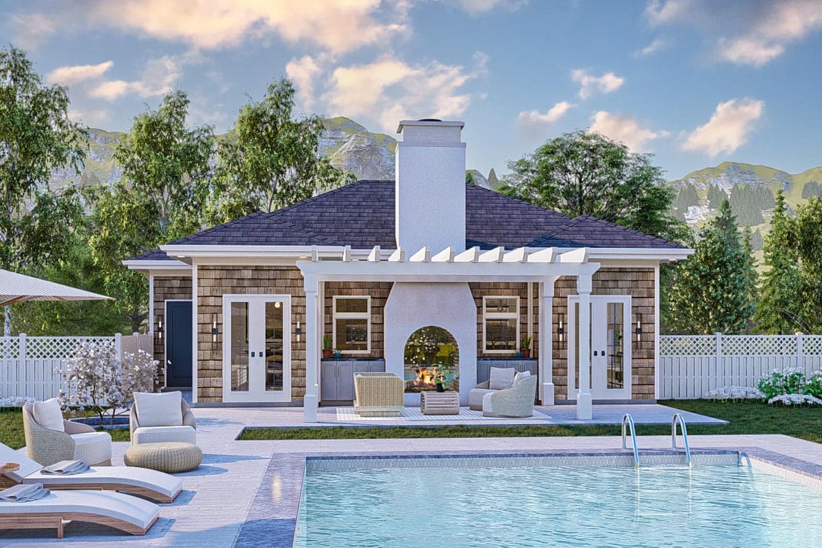 House plan exterior with outdoor fireplace, pergola, and shingle siding. Includes swimming pool and a dark shingle roof.