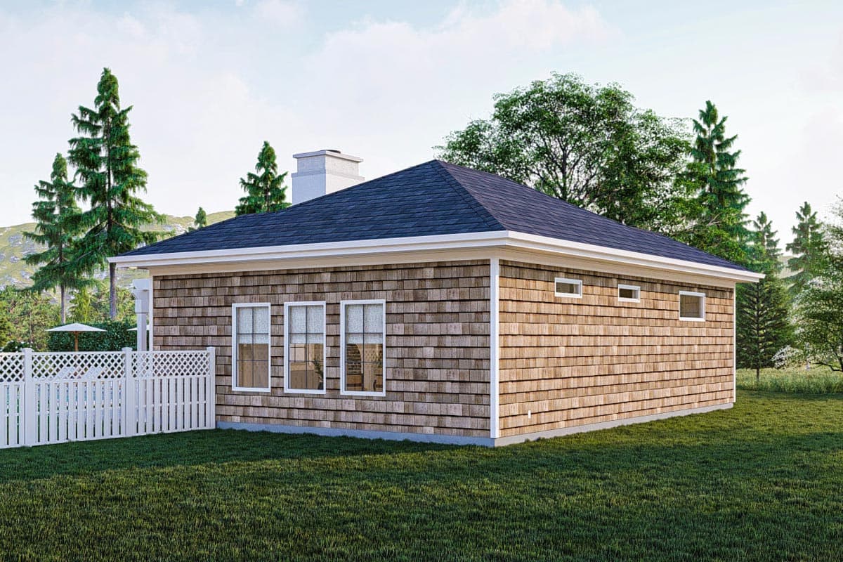 House plan exterior: single-story home with wood shake siding, hip roof, and dormer windows.