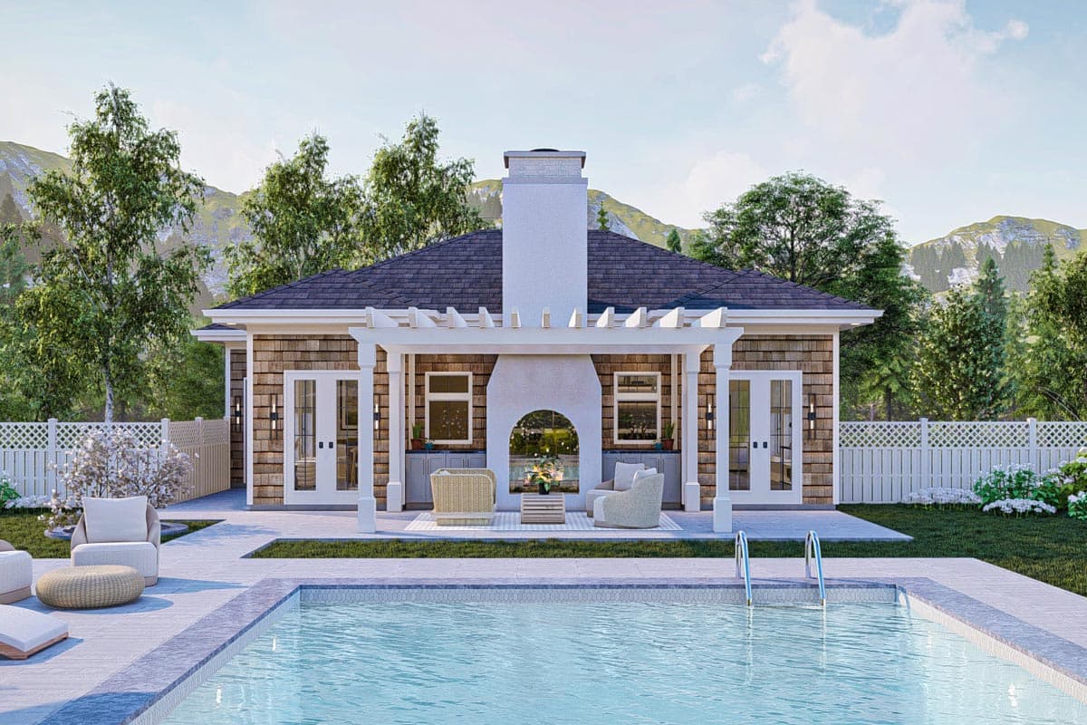 House plan exterior: Single-story home with shingle siding, pergola, dual French doors, and outdoor fireplace.