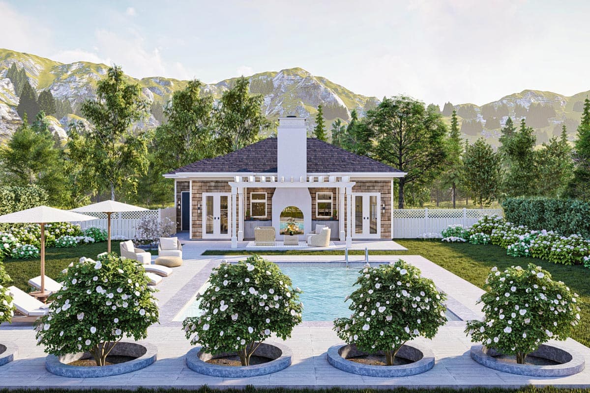 House plan exterior: Single-story Modern Farmhouse with a hip roof, dual dormers, front-facing gables, and a covered patio.
