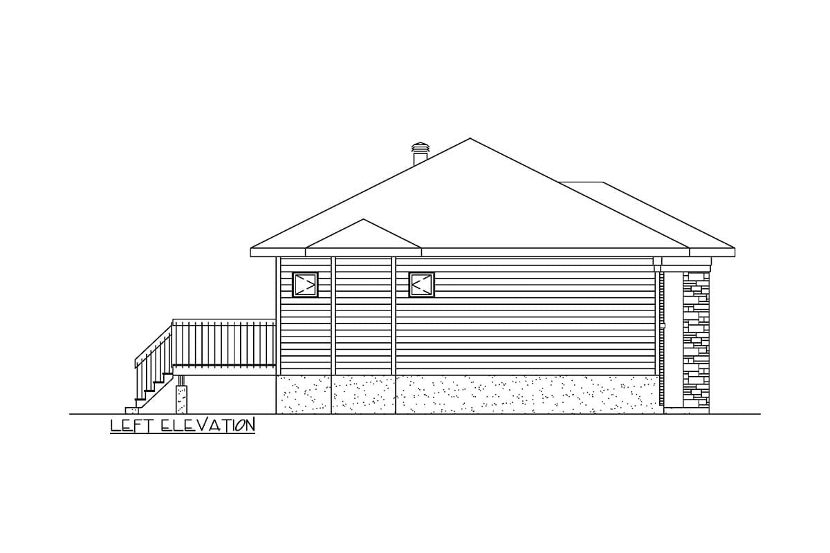 Left elevation house plan showing horizontal siding, a deck with railing, and stone accents on a foundation.