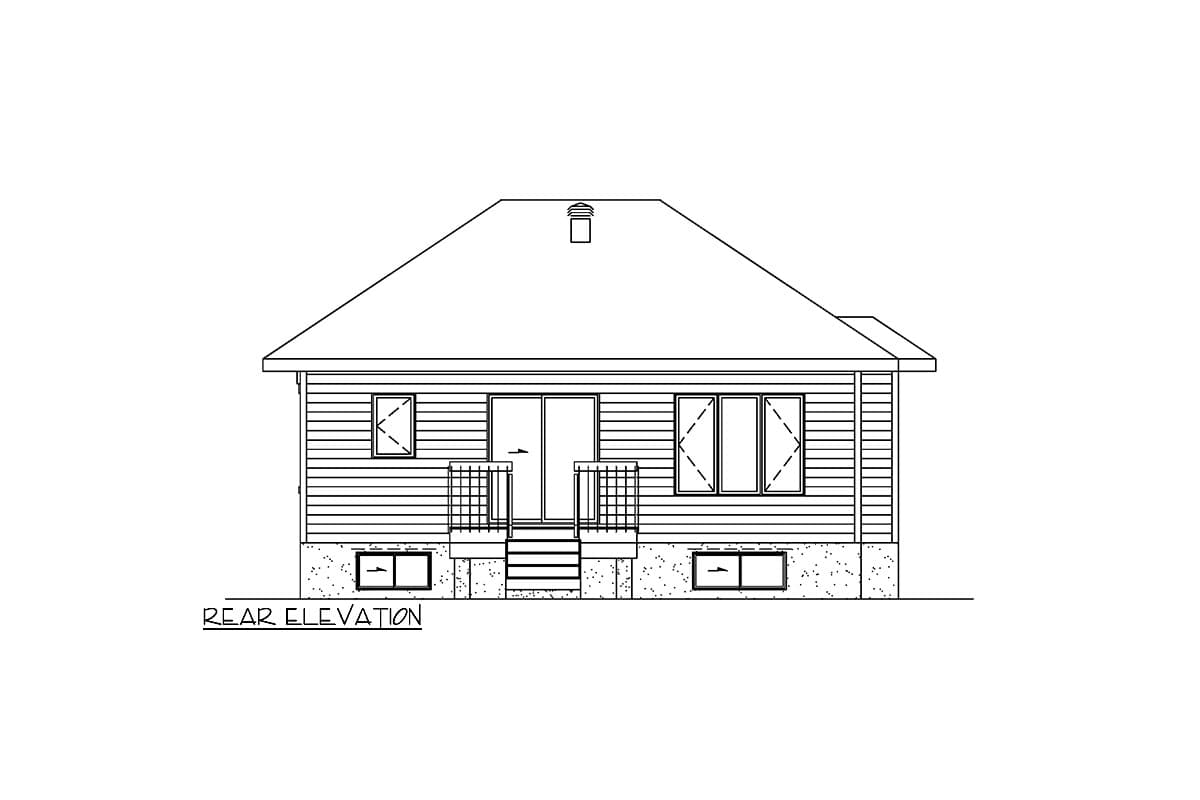 Rear elevation drawing of a house with siding, a gabled roof, double doors, and several windows.