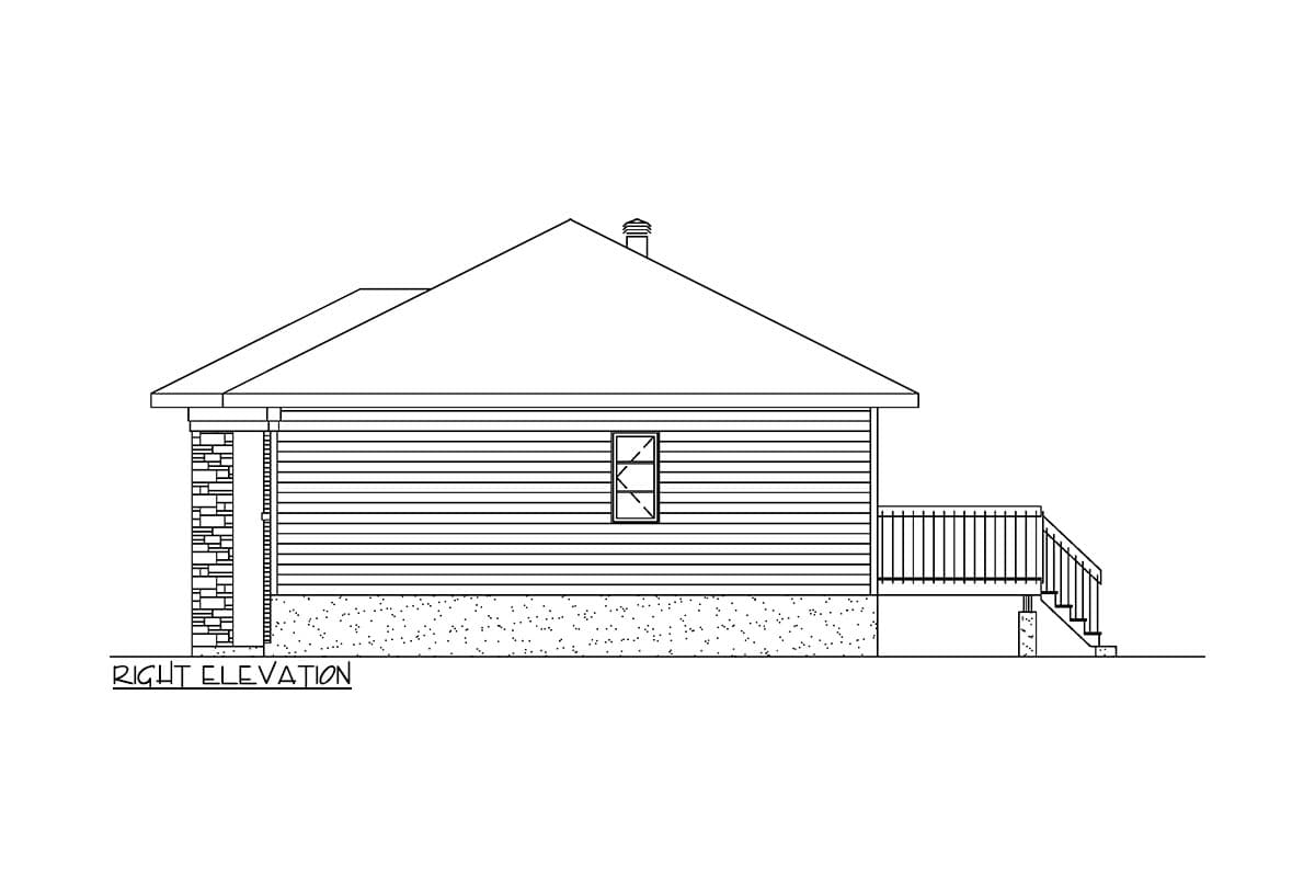 Right elevation drawing of a one-story house plan featuring a hipped roof, horizontal siding, a stone accent corner, and a rear deck.