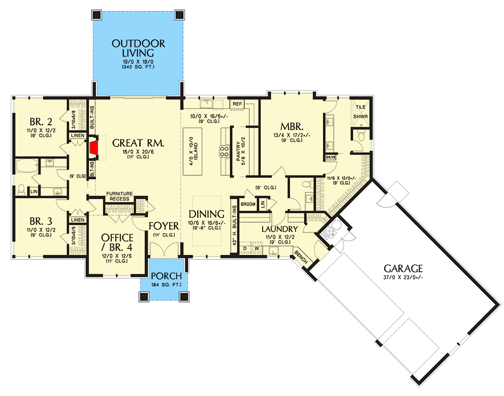 Plan 69793AM: 4-Bed Modern Prairie-Style House Plan Under 2600 Square Feet with Angled 3-Car Garage - Floor Plan - Main Level - Contemporary, Mid Century Modern, Modern, Northwest, Prairie