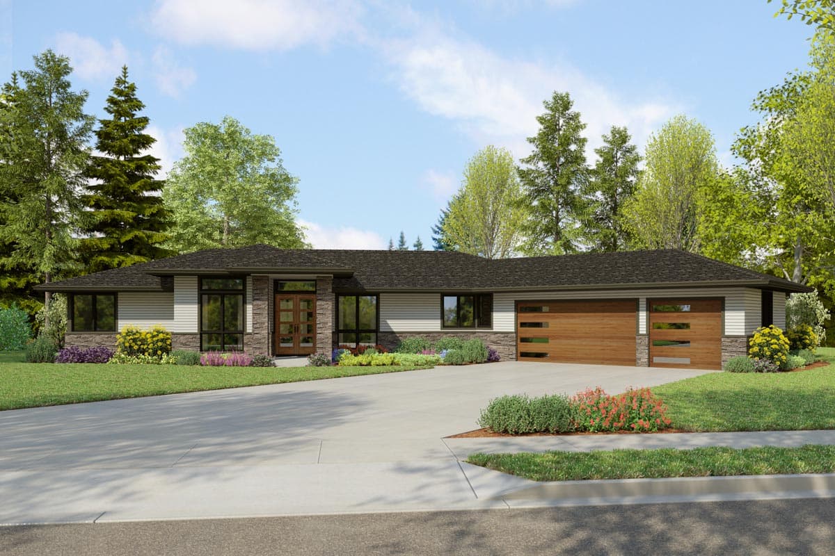 House plan exterior. Modern style, single-story home with a flat roof. Features include stone accents, horizontal siding, and a two-car garage.