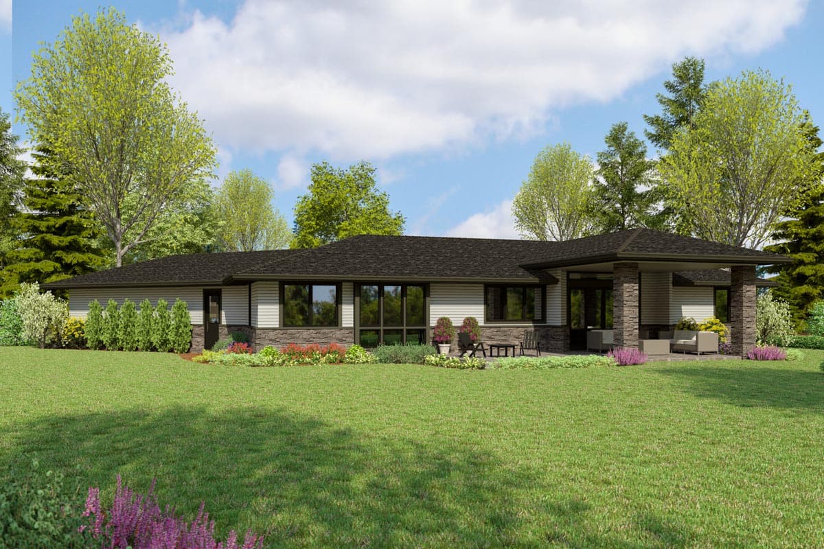 House plan exterior: Single-story ranch with horizontal siding, stone accents, and a covered patio supported by stone pillars.