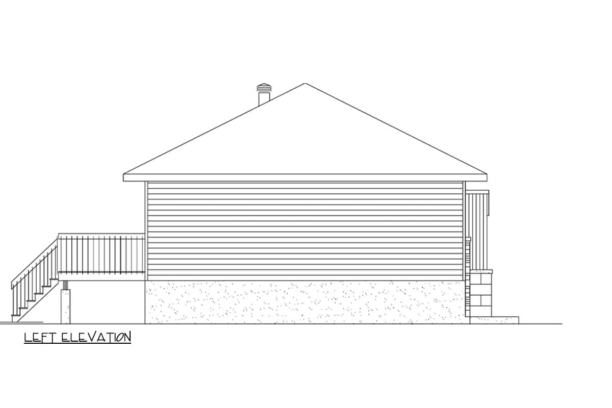 Left elevation floor plan drawing of a house with horizontal siding, a gabled roof, chimney, deck, and foundation.