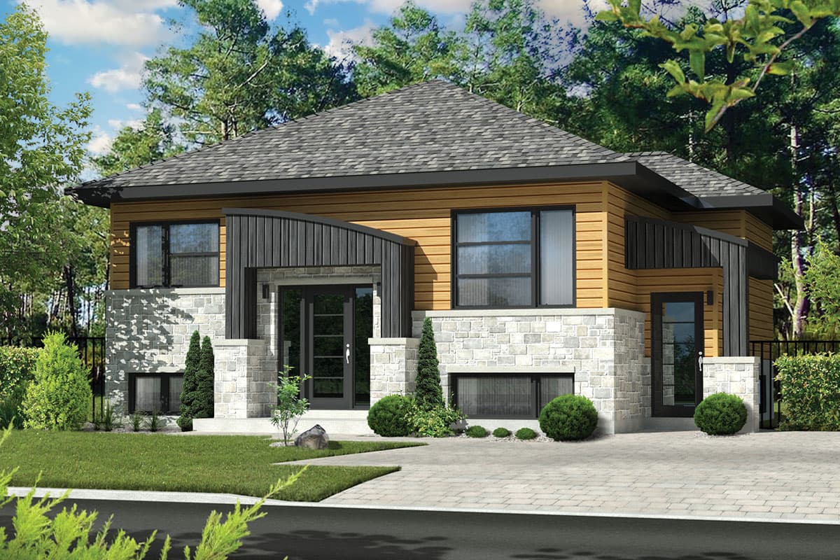 House plan exterior. Modern style with stone and wood siding. Features include a low-slope roof, covered entry, and black-framed windows.