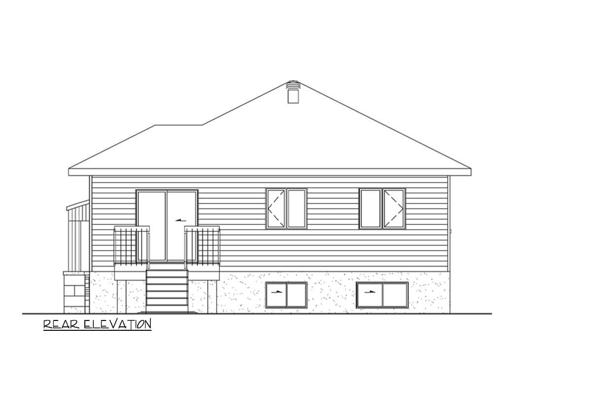 Rear elevation of a house plan showing a central sliding door, a small porch, multiple windows, and a sloped roof.