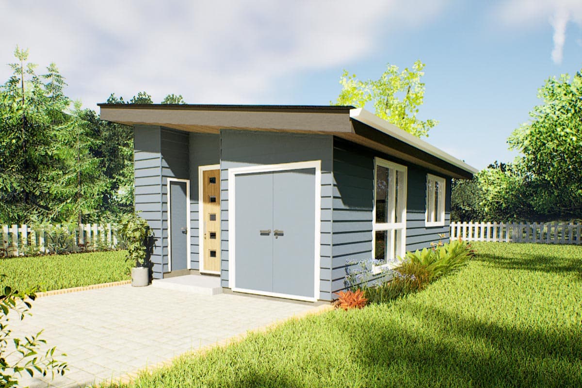 House plan exterior. Modern style with a flat roof. Features include an attached garage, horizontal siding, and a covered entry.