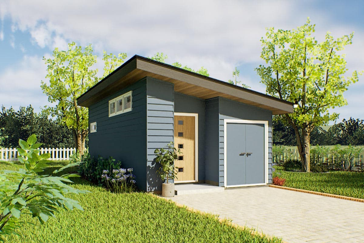 Modern house plan exterior with a sloped roof, wood-paneled door, and garage door.