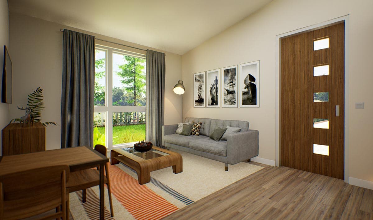 Living area rendering with gray sofa, large windows, and wood-paneled door with glass inserts.