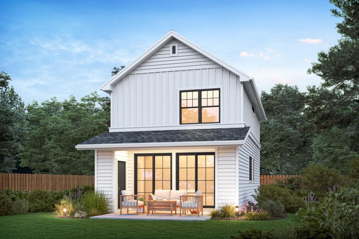 Modern Farmhouse house plan exterior, two stories, gable roof, board and batten siding, covered patio with French doors.