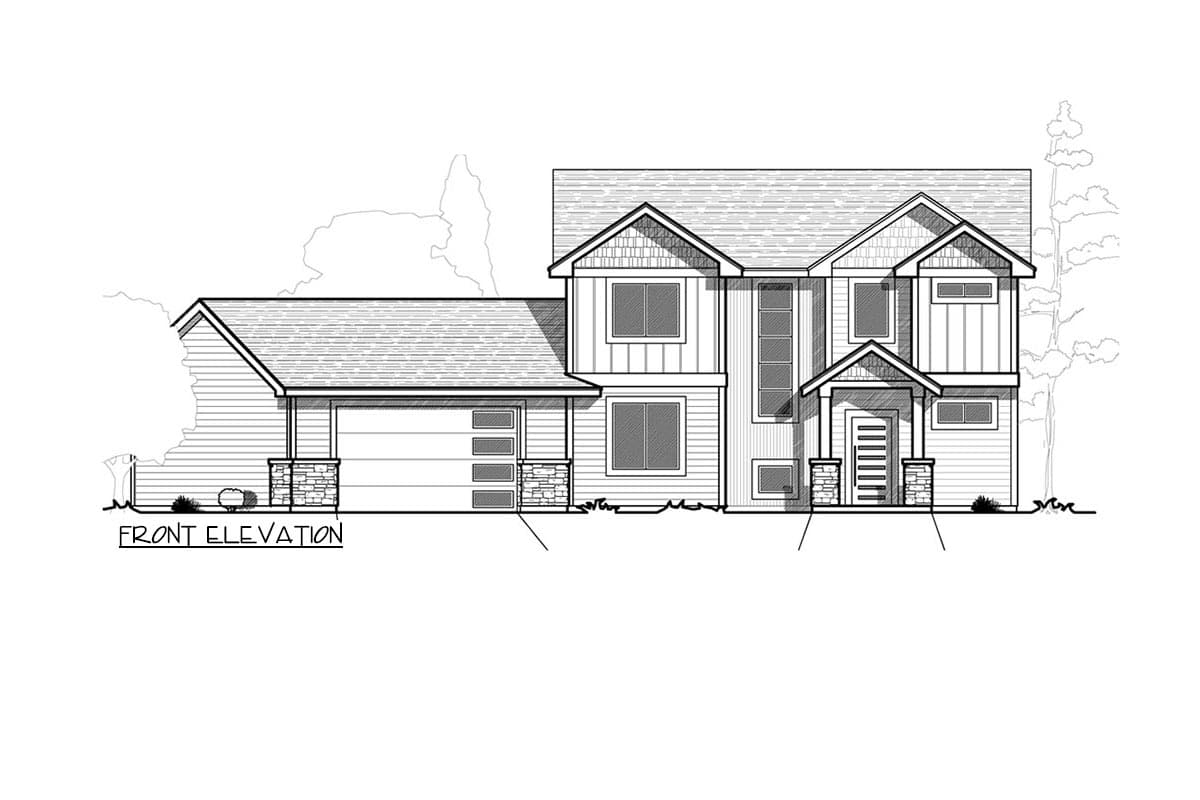 Front elevation house plan showing a two-story home with attached garage, covered entry, and gabled rooflines.