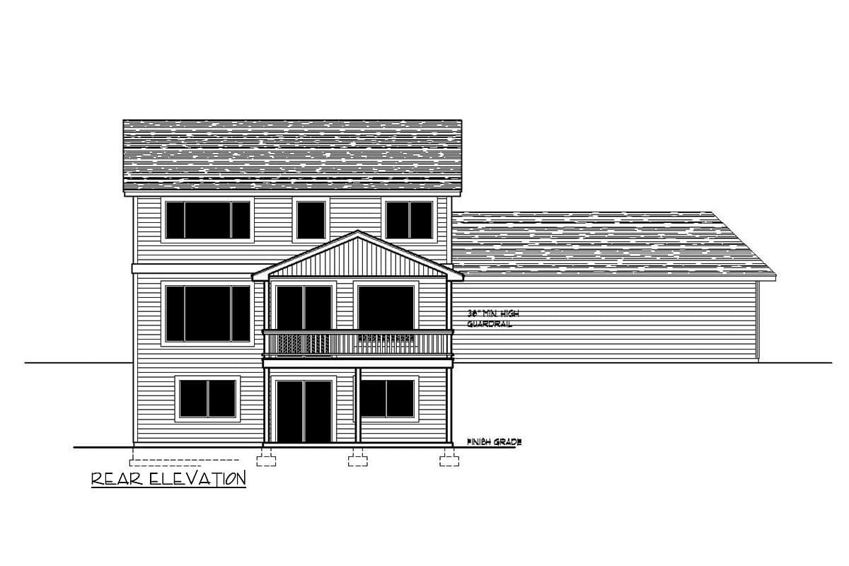 Rear elevation drawing of a two-story house plan with siding, gabled central dormer, and attached garage.