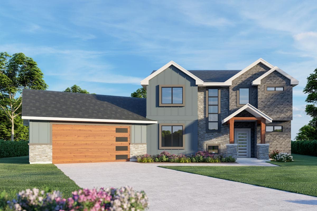 House plan exterior. Two-story Modern Farmhouse with a stone facade, gabled rooflines, and a covered entry porch. Features a wood garage door.