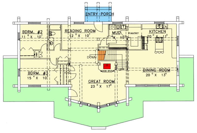 Plan 35023GH: 2616 Square Foot 3-Bed Log Home Plan Designed for the Rear View Lot - Floor Plan - Main Level - Log Cabin, Mountain, Rustic