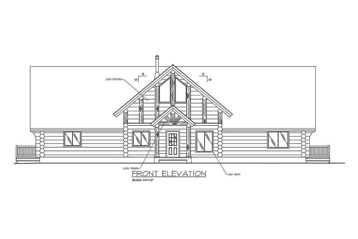 Front elevation drawing of a log house with a prominent gable, covered entry, and multiple windows.