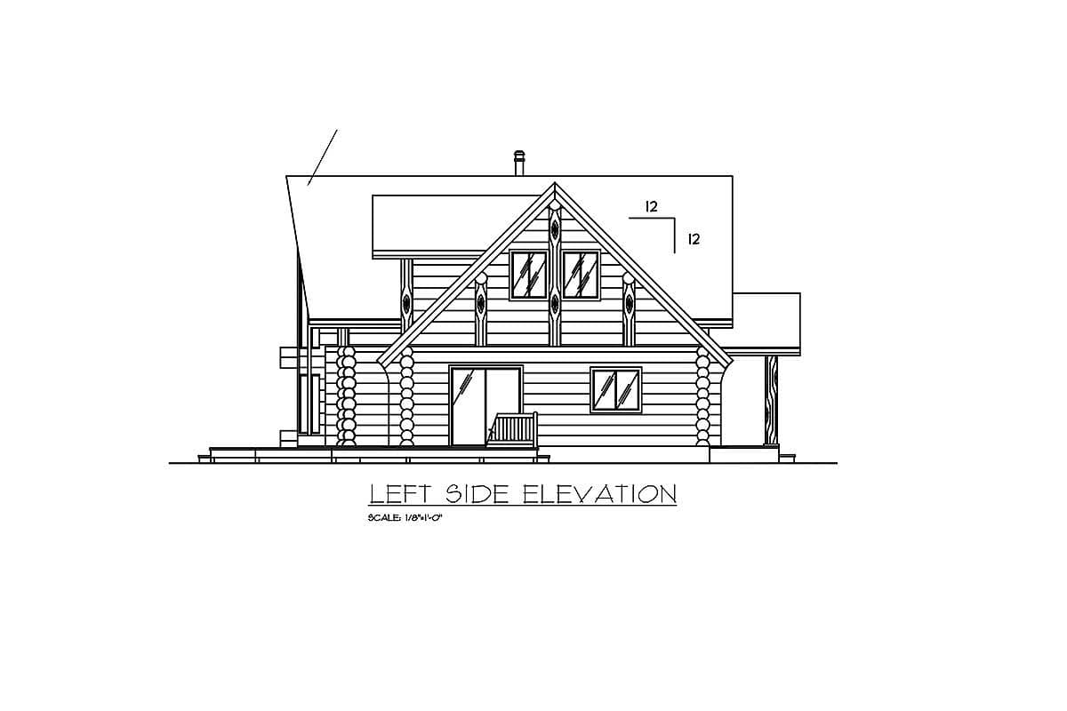 Log cabin house plan left side elevation drawing showing dormers, gables, and covered porch.