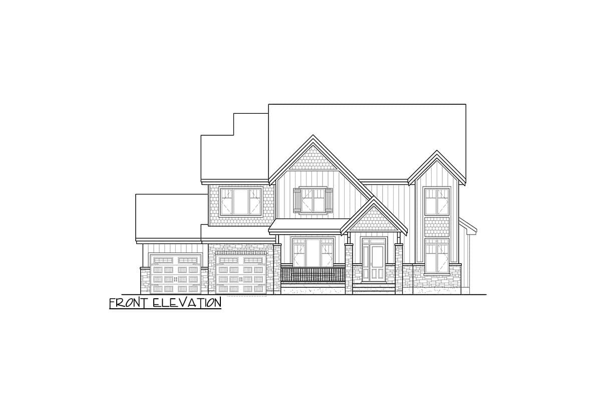 Front elevation drawing of a two-story house plan with a covered porch, gables, and a side-entry garage.
