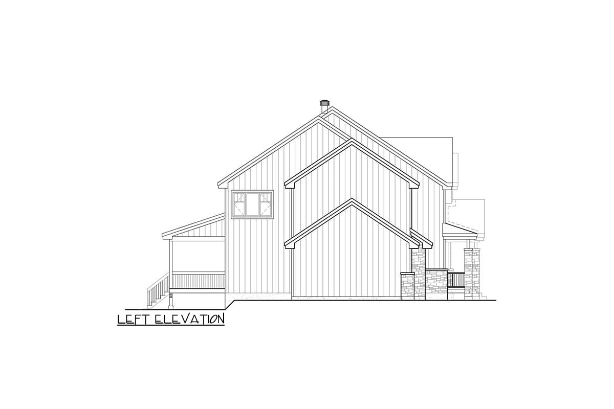Left elevation drawing of a two-story house plan with gables, porch, and stone accents.