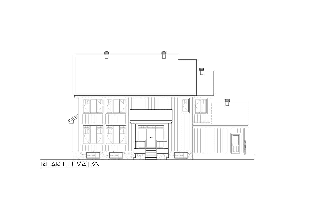 Rear elevation drawing of a two-story house with a covered rear porch, multiple windows, and an attached garage.