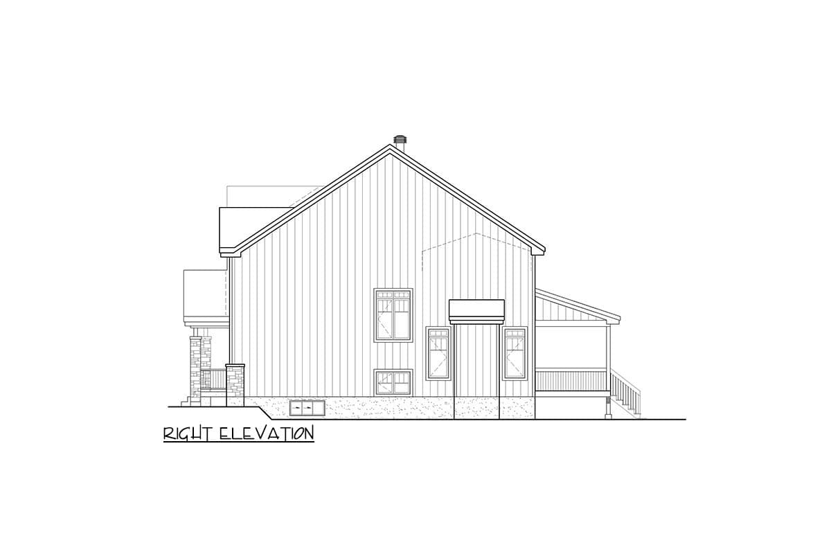 Right elevation house plan showing a two-story house with vertical siding, gabled roof, porch, and stone accents.
