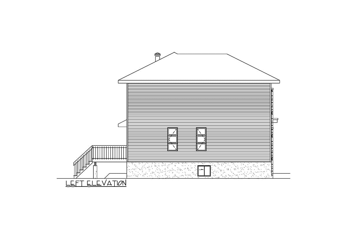 Left elevation of house plan showing siding, multiple windows, a deck with railings, and a foundation.