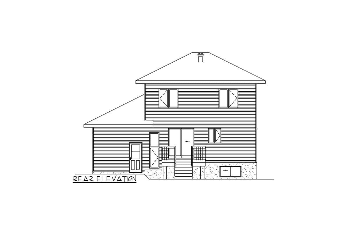 Rear elevation drawing of a two-story house with a sloped roof, siding, windows, a sliding glass door, and a side door.