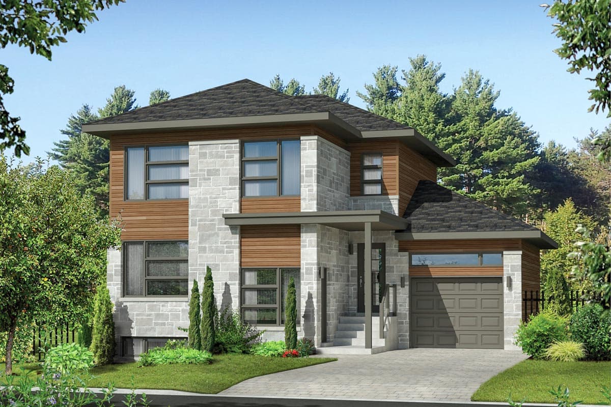 Two-story house plan exterior with modern design. Features include a flat roof, stone and wood siding, covered entry, and attached garage.