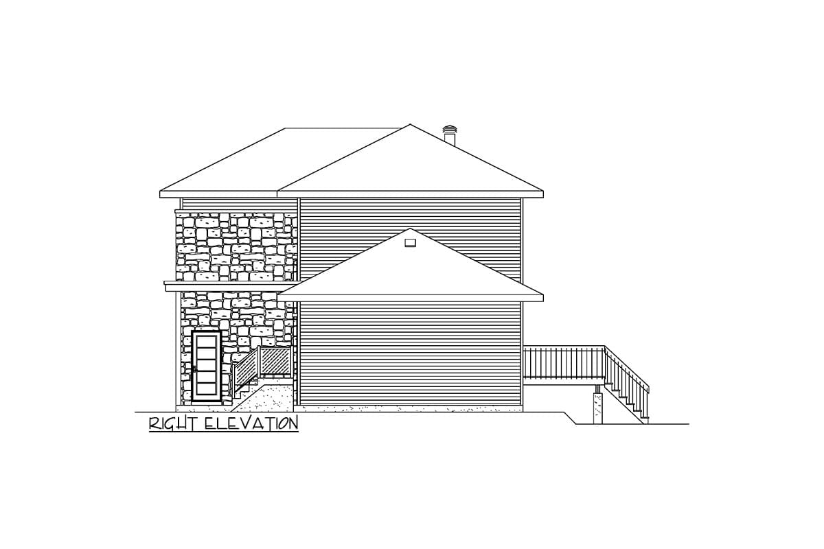 Right elevation of a two-story house plan with stone facade, horizontal siding, gable roof, and a deck with stairs.