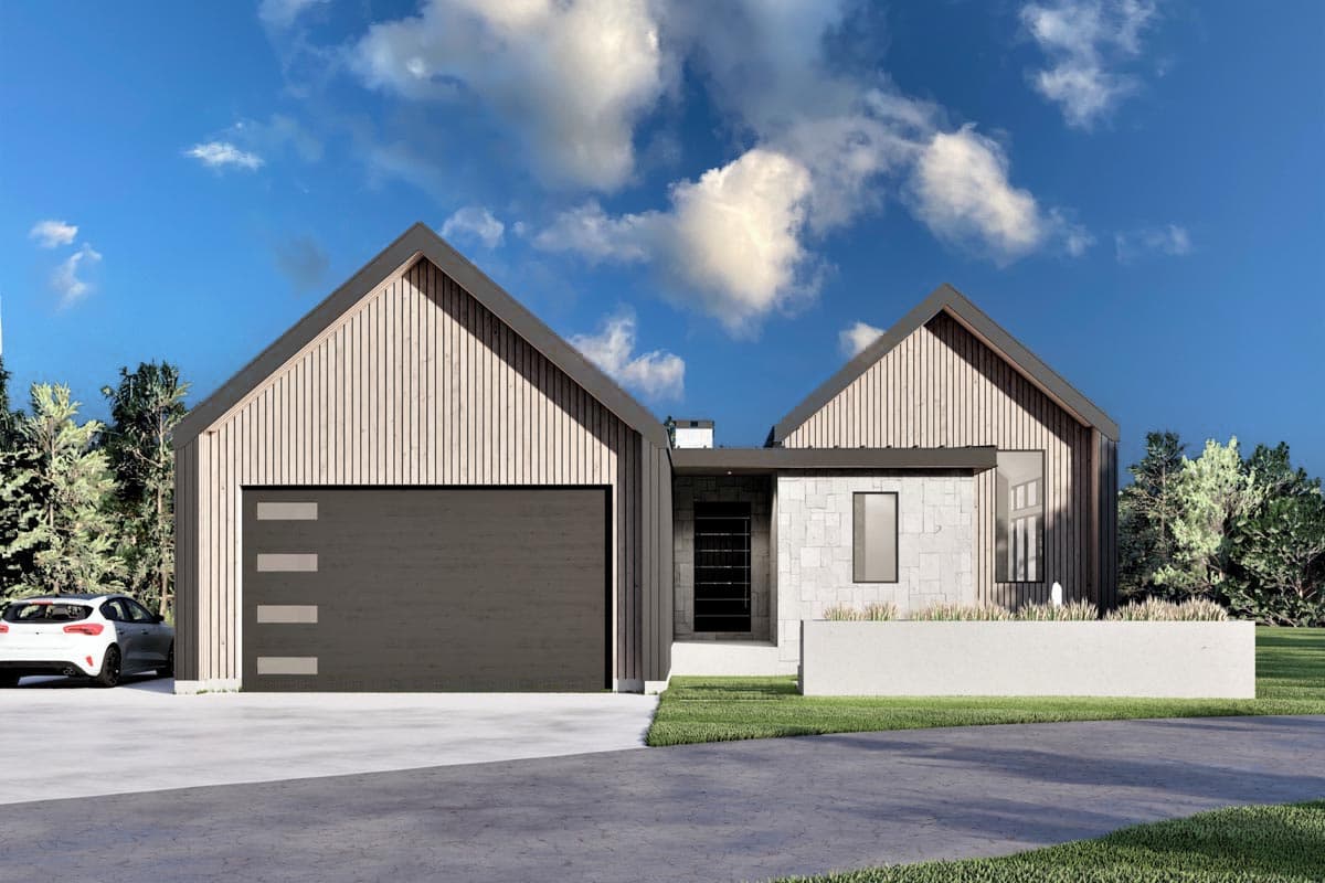 House plan exterior. Modern style with a two-car garage. Features include gabled rooflines, vertical wood siding, and a stone facade entrance.