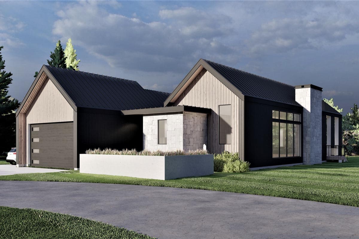 Modern house plan exterior with a prominent stone chimney, dark metal siding, wood-paneled gables, and a two-car garage.