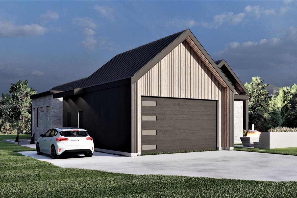Modern house plan exterior with vertical siding, dark corrugated metal siding, stone accents, and a multi-panel garage door.
