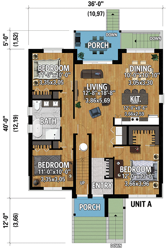 Plan 801081PM: Transitional Farmhouse-Inspired Triplex House Plan with 3 Bedroom Units - Floor Plan - Main Level (Unit A)