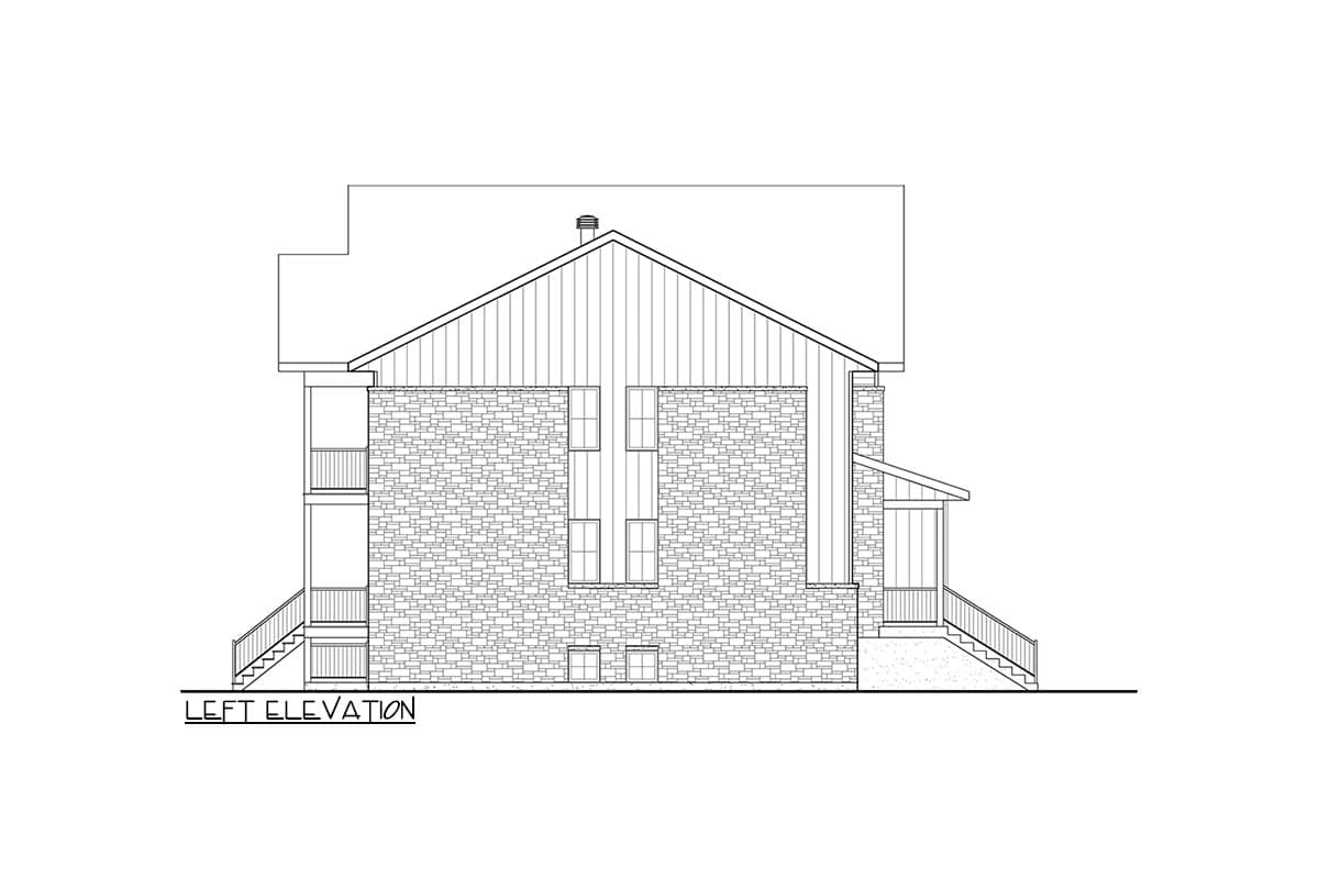 Left elevation drawing of house plan with stone exterior, vertical siding, gabled roof, and two sets of exterior stairs.