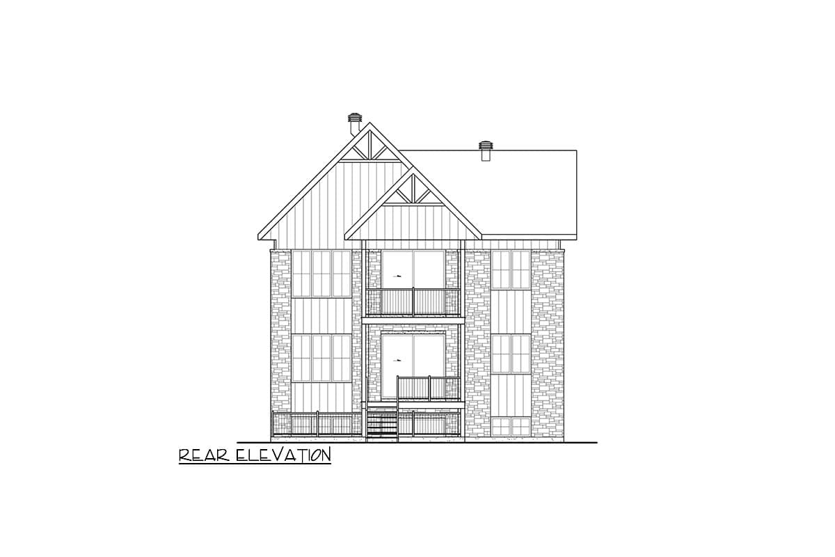 Rear elevation drawing of a multi-story house plan with stone facade, large windows, gables, and balconies.