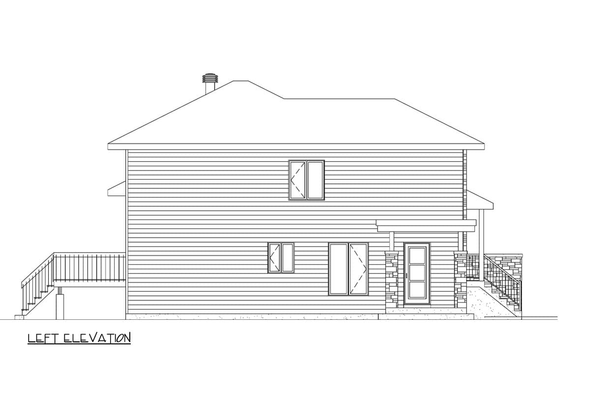 Left elevation drawing of a two-story house plan featuring horizontal siding, multiple windows, a deck, and a covered entrance.