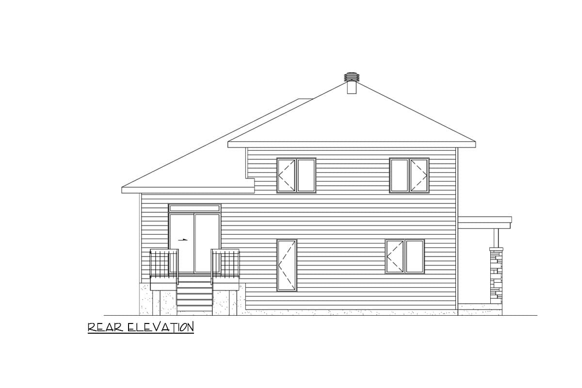 Rear elevation drawing of a two-story house plan with horizontal siding, gabled roof, and covered entry.