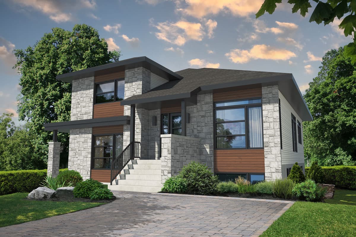 House plan exterior. Two-story modern style home with stone veneer and wood accents. Features include flat roof, covered entry, and large windows.