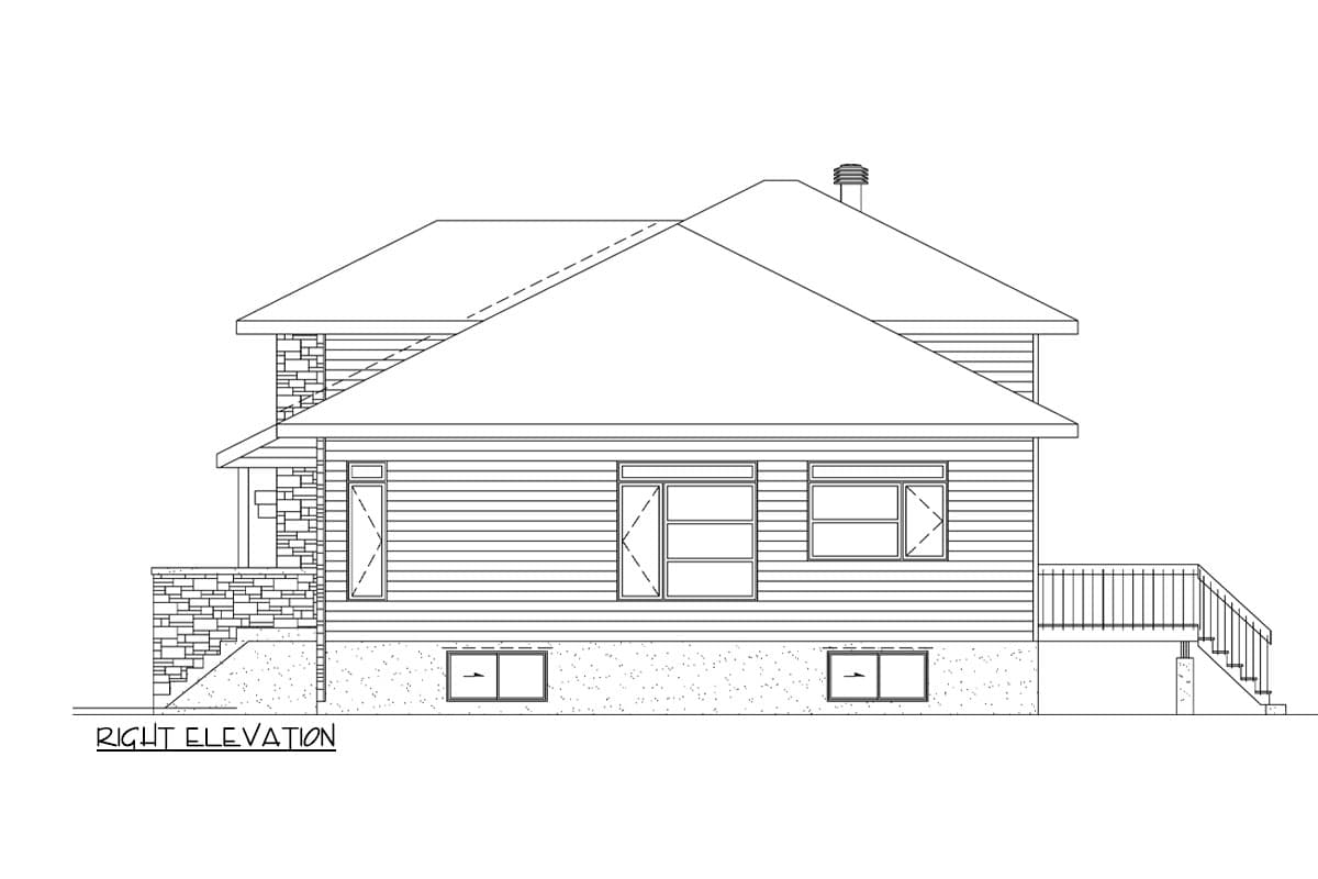 Right elevation drawing of a house with horizontal siding, stone accents, multiple windows, a chimney, and a side deck.