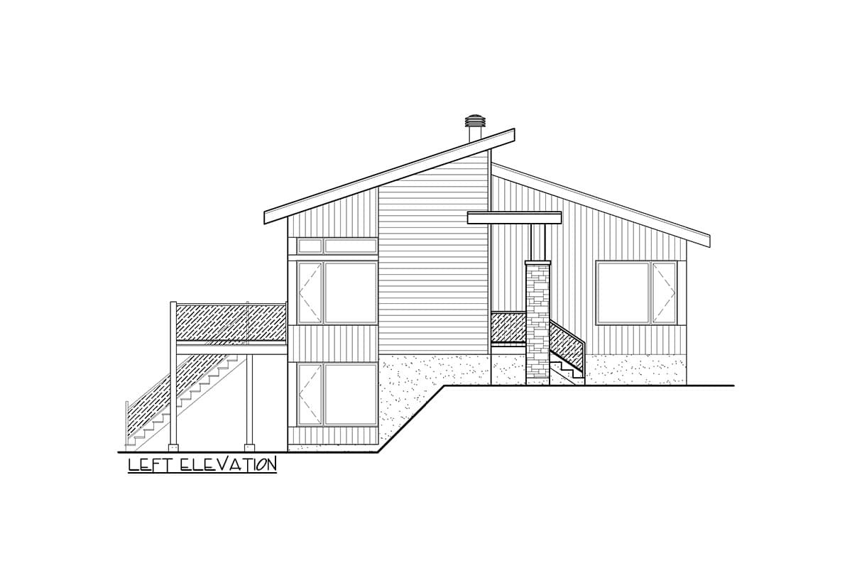 Left elevation house plan: modern style with sloped roof, horizontal siding, deck, and stone-clad chimney.