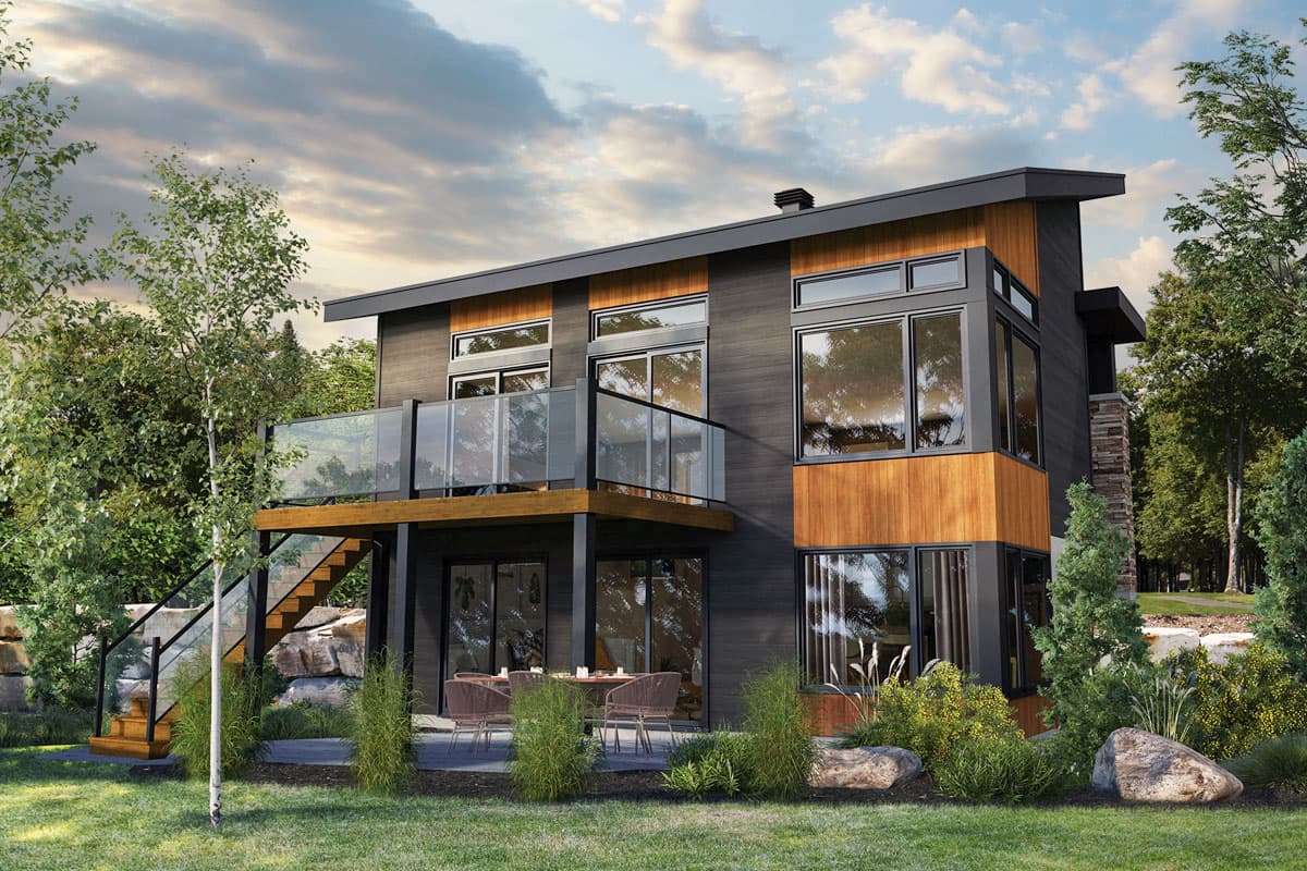 House plan exterior. Modern style, two-story home with flat roof, glass balcony, and mixed siding. Features include large windows and a stone accent.