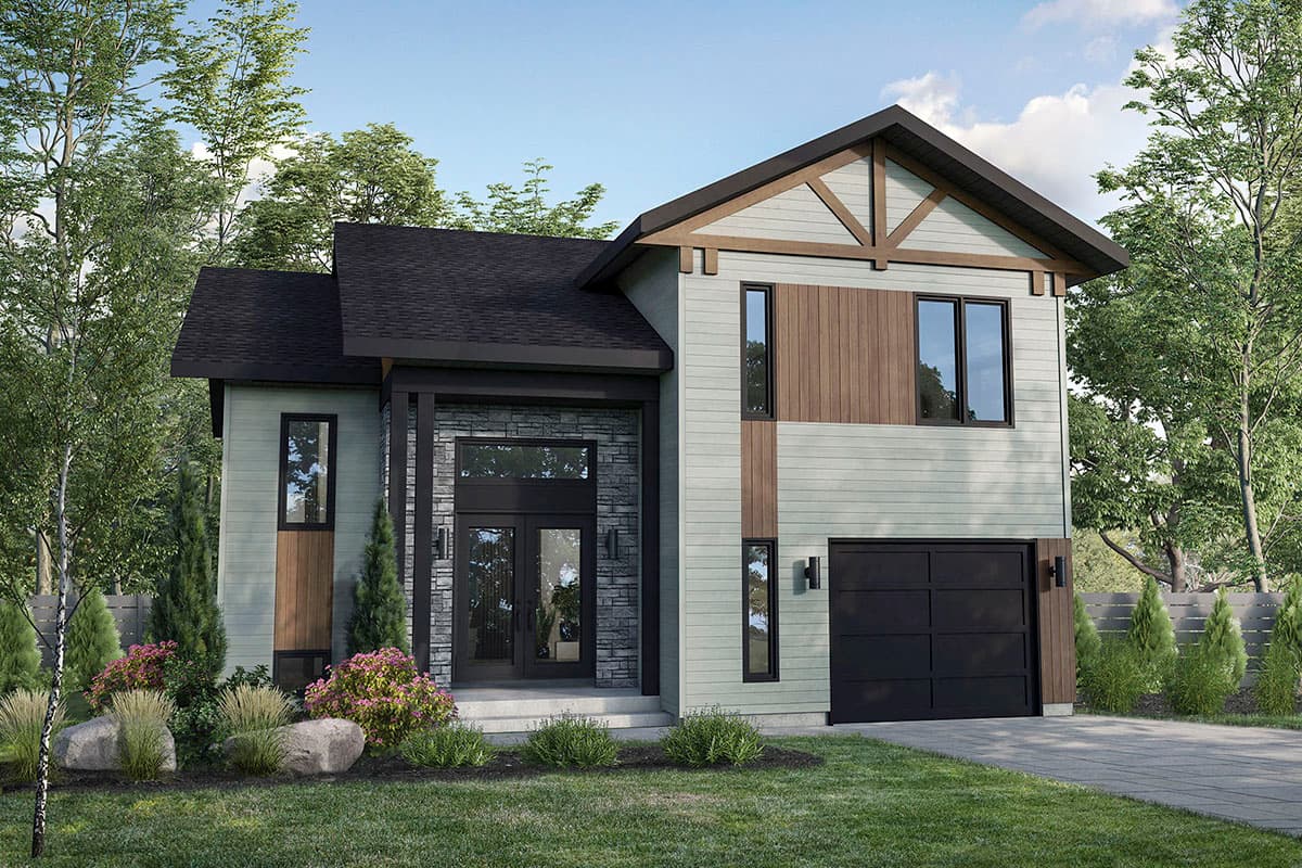 Two-story house plan exterior featuring a gable roof, timber accents, and a front-facing garage. Contemporary style with wood and stone detailing.
