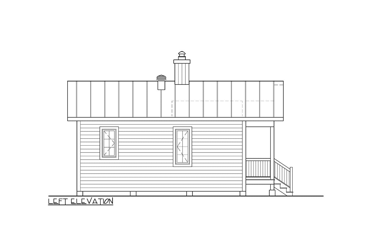 Left elevation of a house plan showing two windows, a porch with stairs, and a metal roof with a chimney.