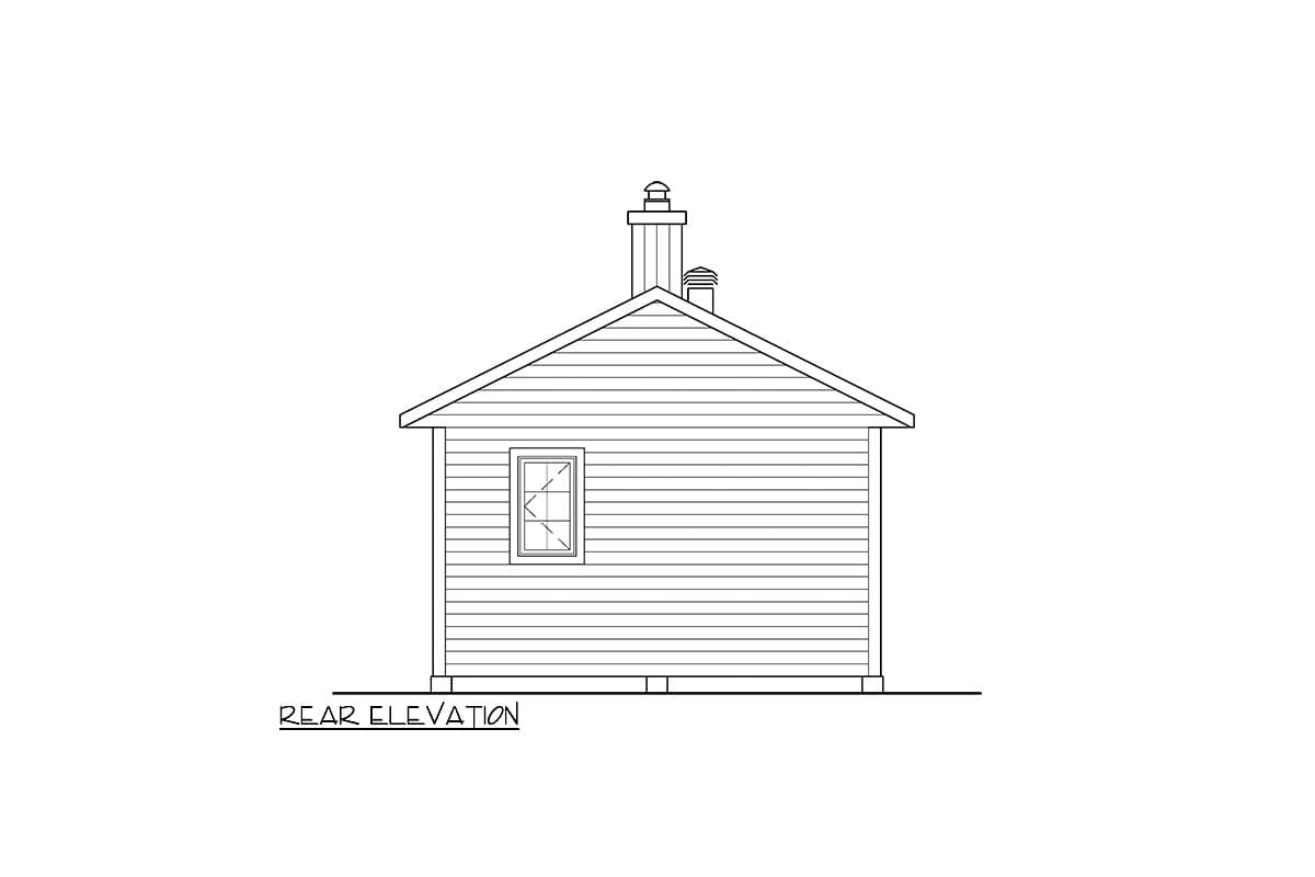 Rear elevation drawing of a house plan with horizontal siding, a gable roof, a chimney, and one window.
