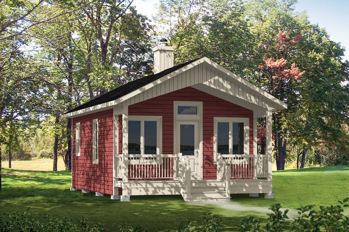 House plan exterior. One-story cottage with porch, gabled roof, and chimney. Features include a front porch with white railings and columns.