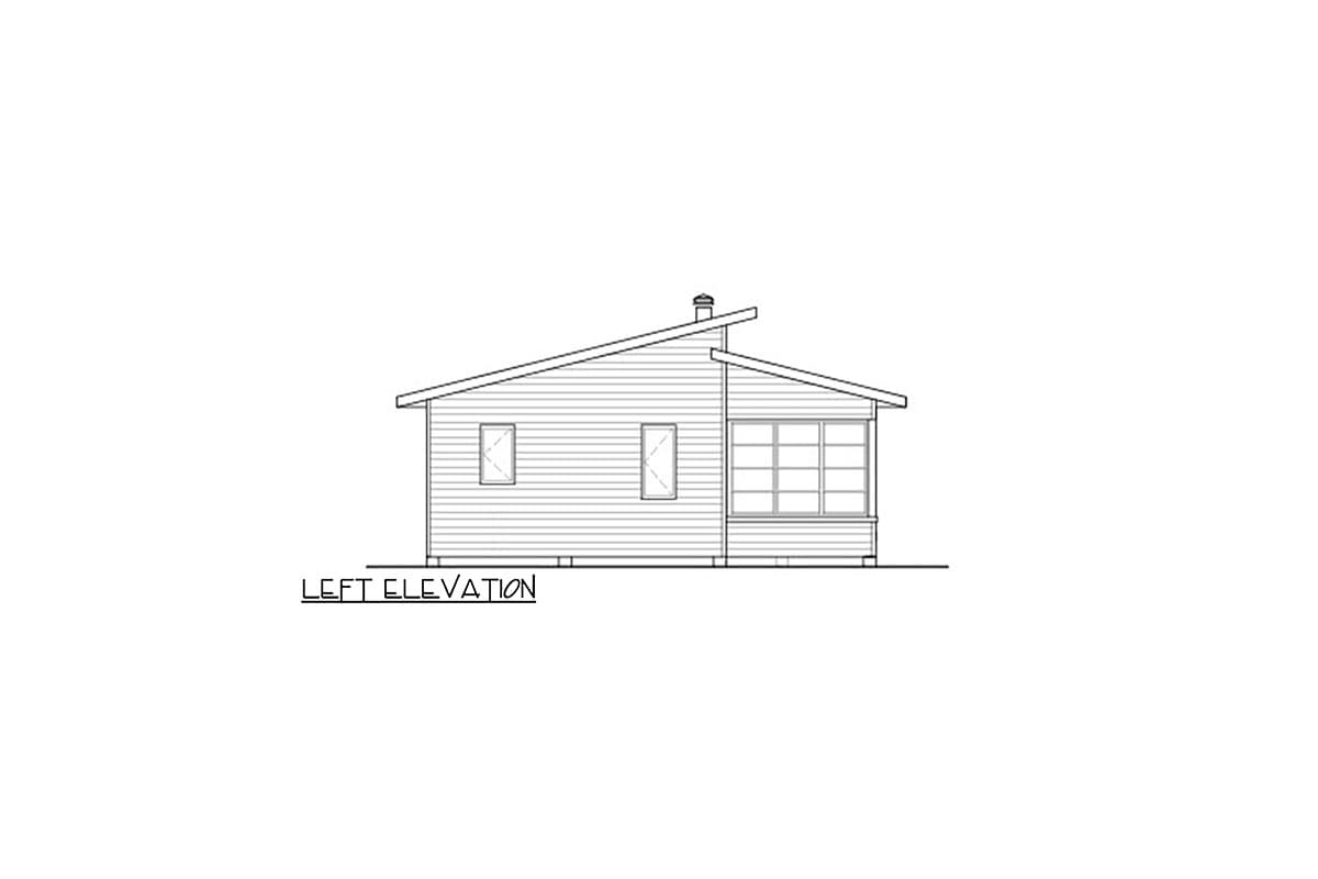 Left elevation drawing of a single-story house with a sloped roof, two windows, and a sunroom.