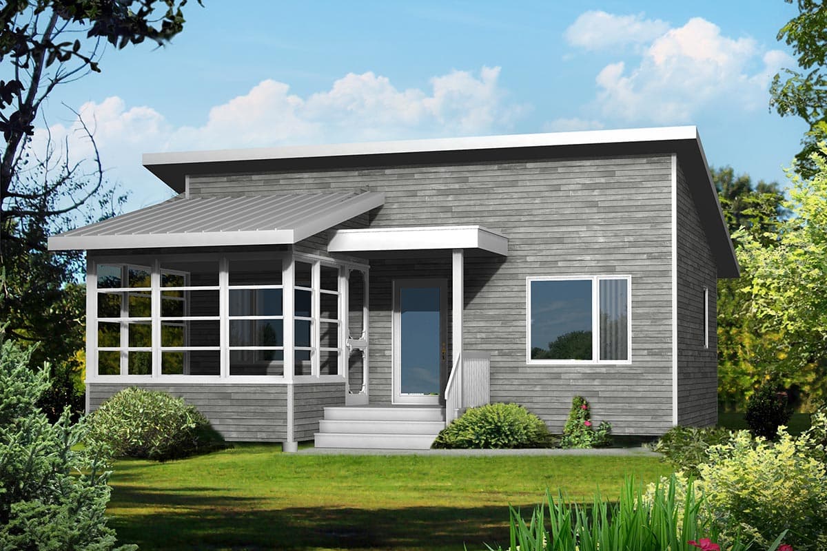 House plan exterior. Modern style with one story, flat roof, and metal-roofed porch. Features include a covered entry and a large window array.
