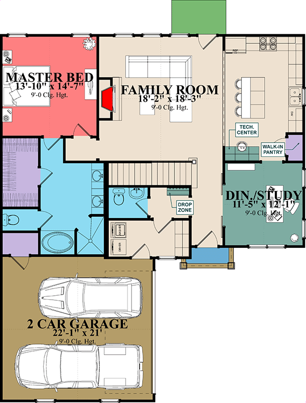 Plan 86383HH: Traditional House Plan Under 2000 Square Feet with 2-Car Courtyard Garage and Flex Room - Floor Plan - Main Level - Country, Southern, Traditional